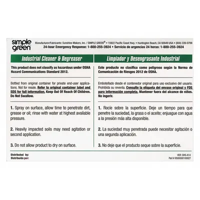 SIMPLE GREEN Secondary Bottle Label, 6 in Wd, 10 PK - Secondary Container Labels and Tags