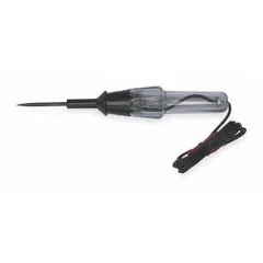This circuit tester is designed for diagnosing electrical circuits in vehicles and equipment. It features a stainless steel probe and an ergonomic slim handle, and includes alligator clips for secure connections. Compatible with 12V, 18V, 24V, 36V, and 6V systems.