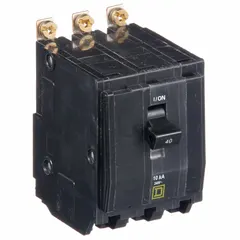 Three-pole bolt-on miniature circuit breaker rated 40 A at 120/240V AC, three-phase, with a maximum AIR rating of 10kA at 120/240V AC. Designed for overcurrent protection in commercial and industrial electrical distribution systems, compatible with Square D NQOD panelboards.