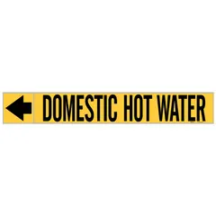 Yellow adhesive pipe marker with black legend reading 'Domestic Hot Water' and flow-direction arrows. Designed for pipe outer diameters of 1-1/2 to 2 inches. Each roll contains 25 markers. Used to identify domestic hot water lines in piping systems.