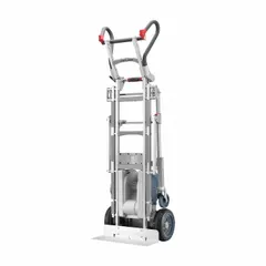 This heavy-duty electric stair-climbing hand truck has a 725 lb capacity and a folding aluminum frame with rounded back. It features 10 in flat-free wheels and a 4.5 hr charge time. Suitable for moving loads up and down stairs in delivery, moving, and warehouse operations.