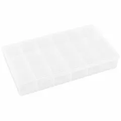 Clear plastic compartmented box with 18 fixed compartments, each 1-3/4 in x 2-1/16 in. Not electrostatic discharge conductive. Suitable for organizing small parts in workshops, labs, and assembly areas.