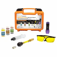 This 3-piece UV leak detection kit includes a 1 oz bottle of oil-based dye and a carrying case. Designed for use with R-1234yf and R-134a refrigerants, it is used to locate refrigerant leaks in automotive air conditioning systems.