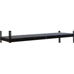Wire decking shelf kit designed for boltless shelving systems. Includes four steel beams and a single straight shelf with 4 ga steel decking. Frame and decking are powder coated black. Load capacity is 1000 lb. Suitable for organizing and storing items in industrial storage applications.