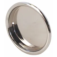 Round recessed handle and pull made of steel with a chrome-plated silver finish. Features unthreaded mounting holes for installation with standard hardware. Suitable for use on cabinets, drawers, and trays in industrial settings.