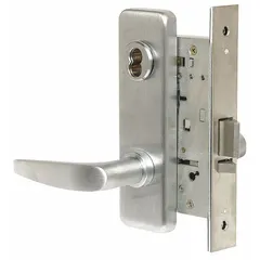 This BEST storeroom lever lockset features a satin chromium-plated stainless steel finish and a 40H escutcheon style. It is ADA compliant and equipped with an interchangeable core for keying flexibility. Designed for interior doors requiring keyed entry from outside and free egress from inside, it is suited for commercial facilities such as offices, schools, and hospitals. The lockset is not ligature-resistant and has no visual indicator.