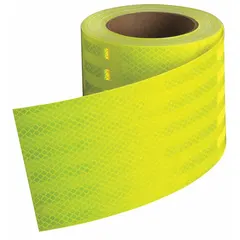 This reflective tape features a fluorescent lime color and acrylic adhesive for marking applications. It is supplied in a 4-inch width by 50-yard length. Commonly used for high-visibility marking on vehicles and equipment to enhance safety in low-light conditions.