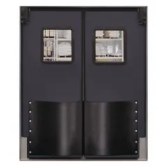 This CHASE insulated swinging door is a 2-door unit in gray polyethylene with a 6 ft width and 8 ft height. It includes a polycarbonate window, door seals, bumpers, and mounting hardware. NSF certified, it is suitable for temperature-controlled environments such as cold storage and food processing areas.
