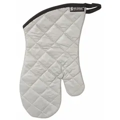 This oven mitt is made of cotton/polyester in white, with a 13 in overall length. It provides hand protection when handling hot cookware, bakeware, and oven racks in commercial kitchens and food service environments.