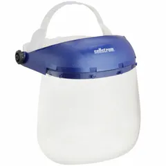 This SELLSTROM face shield features a clear, uncoated polycarbonate visor that is dielectric and reusable. The visor measures 12 inches wide by 8 inches high, and the headgear is blue. It is suitable for general industrial tasks requiring impact and splash protection with electrical insulation.