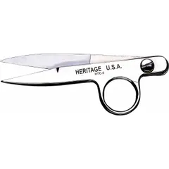 Compact scissors with a straight, fine-point steel blade in silver finish. Overall length 4 1/2 inches. Suitable for cutting aramid fiber and other synthetic threads in electrical, telecommunications, and industrial trimming tasks.