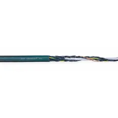 This CHAINFLEX CF5 series control cable is designed for continuous flexing applications in automated machinery and cable carriers. It features 18 AWG stranded copper conductors with black/white number coding, includes a ground conductor, and has a heat-resistant PVC jacket. Rated 600 V, it meets cRUus standards and offers minimum bend radius factors of 4 x OD for fixed, 5 x OD for flexible, and 6.8 x OD for e-chain installations.