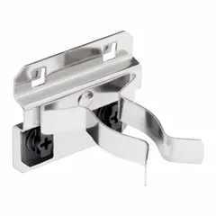 This stainless steel spring clip toolholder mounts on square-hole pegboard to organize short and long-handled tools. It features three hooks with a 2-1/4 in depth and includes ABS retainers that lock tools in place. The brushed silver finish resists corrosion in workshop environments.