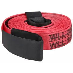 This Grade 5 heavy duty tow strap is made of 1-ply polyester with reinforced loops and hook-and-loop attachment. It measures 2 inches wide by 30 feet long and is red in color. Used for vehicle recovery and towing in off-road, construction, and industrial settings.