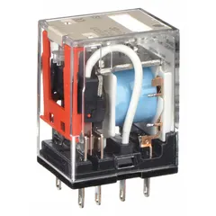 Socket-mounted relay with square base and round pins. DPDT contact arrangement rated 10 A, operating at 5 A at 250V AC resistive load. Plug-in electrical connection with 8 terminals. For use in industrial control panels, automation systems, and HVAC equipment.