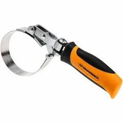 Alloy steel strap-type oil filter wrench with 1-1/2 in strap width and 1/2 in drive size. Used for removing and installing oil filters in automotive, industrial, and machinery applications.