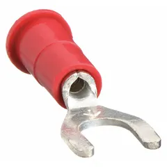 Vinyl-insulated fork terminal from the TH Series with butted barrel. Designed for #8 stud size and 22 AWG to 18 AWG wire, rated 1000 V. Used for secure connections in control panels, motor circuits, and distribution equipment.