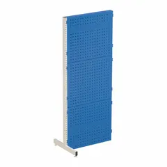 Steel floor rack with powder-coated blue finish and square peg holes (3/8 in). Includes T-feet for stability. Used for organizing tools, parts, or merchandise in workshops, warehouses, and retail settings.