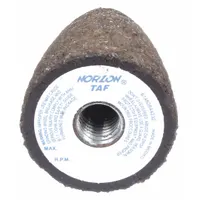 High-performance grinding cone for stainless steel and nickel alloys. Features 20-grit zirconia alumina abrasive with NorZon Plus 4NZ ZA technology. Abrasive hardness rating R. Size 1-1/2" x 3" with 5/8"-11 thread. Suitable for aggressive material removal in weld preparation and surface conditioning
