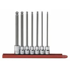 This 25-piece hex bit socket set includes 7 SAE sizes from 1/8 in to 3/8 in with a 3/8 in drive. The fixed insert design and 6 in overall length allow access to recessed fasteners in automotive, machinery, and assembly applications.