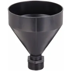 Black polyethylene drum funnel without lid or flame arrester. Measures 7 1/2 in x 9 1/4 in with a 2 1/4 in spout diameter. Used for transferring fluids into drums in industrial fluid handling applications where non-spark-proof pouring is acceptable.
