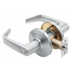 This passage lever lockset is designed for interior doors requiring free egress without locking, such as hallways or closets in commercial settings. It features a satin chromium-plated zinc finish, ADA-compliant lever, and Large Format Interchangeable Core (LFIC) for quick rekeying. ANSI F11 function, no visual indicator, not ligature-resistant.
