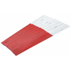 Red and white reflective tape for marking applications on vehicles and trailers. Each piece measures 2 inches wide by 18 inches long, with acrylic adhesive for secure attachment. Supplied in a 100-pack for fleet maintenance and compliance marking.