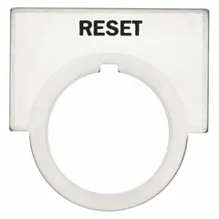 Half-round push-button legend plate with 30 mm panel mounting size. Brushed aluminum construction with gray metallic finish. Overall height 1 1/2 in, width 2 in. Used to label reset functions on industrial control panels.