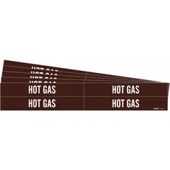 Brown pipe markers with white 'Hot Gas' legend, designed for pipes with outer diameters from 3/4 to 2-3/8 inches. Each pack contains 4 markers without arrows, supplied in a 5-pack configuration. Used to identify pipes carrying hot gas in industrial piping systems.