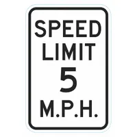 This aluminum sign measures 18 inches by 12 inches with a thickness of 0.063 inches. It features a High-Intensity Prismatic retroreflective grade for visibility in low-light conditions. Commonly used to indicate a 5 mph speed limit in parking lots, campuses, or industrial facilities