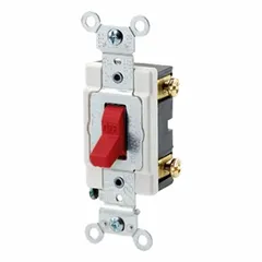 Single-pole maintained toggle switch rated 20 A at 120/277V AC. Non-illuminated red finish for identification. Controls lighting or other loads from one location in commercial or industrial settings.