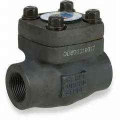 This 2-way inline swing check valve features a carbon steel body with socket x FNPT connections and a metal seat. It is designed to prevent backflow in piping systems, suitable for use in general industrial process lines.