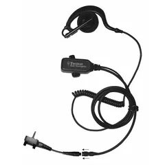 Ear hook earpiece with push-to-talk button, single wire, and multi-pin connector. Black finish. Compatible with Vertex Standard radios. Used for hands-free communication in industrial environments.