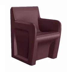 Freestanding arm chair with a burgundy polyethylene seat material. Single-seat design with arms. Complies with ISO 22196 standard. Suitable for commercial and institutional seating applications.