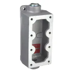 This 3-gang, 3-device hazardous location electrical box is constructed of iron with a feed-through hub type. It has a 1/2 in hub size and an overall height of 9 3/16 in. Designed for use in environments where explosive gases or combustible dusts may be present, it houses wiring connections and devices in industrial, oil and gas, and chemical plant applications.