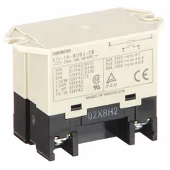 Surface-mounted power relay with a square base and top flange mounting. Rated 30 A at 100/120V AC, SPST-NO contact configuration, and 25 A at 220V AC inductive load. Screw terminal connections. Suitable for switching high-current loads in industrial control panels, HVAC equipment, and automation systems.