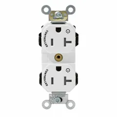 This LEVITON duplex receptacle is rated 125V AC and 20A with a NEMA 5-20 configuration, 2 poles and 3 wires. The white body is suitable for general-purpose outlets in commercial and residential buildings, including offices, workshops, and kitchens. It accepts standard NEMA 5-20 plugs for powering 20A equipment.