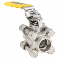 This SHARPE ball valve features a 316 stainless steel straight valve body with socket x socket connections. It has a polymer seat and a locking lever handle for flow control in piping systems. Suitable for applications requiring corrosion resistance.