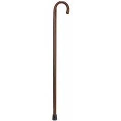 Single-tip cane with a standard wood handle in walnut finish and steel construction. Includes a slip-resistant metal-reinforced rubber tip. Adjustable height from 30 1/4 to 34 1/4 inches. Used for mobility support and balance assistance.
