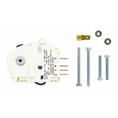 This defrost timer controls the automatic defrost cycle in refrigerators and freezers. It periodically interrupts the compressor operation to activate the defrost heater, preventing ice accumulation on evaporator coils and maintaining proper airflow.