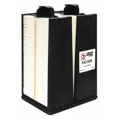 Rectangular panel engine air filter, 9 3/32 in overall length. Designed for Cummins vehicles. Removes airborne contaminants from intake air to protect engine components.