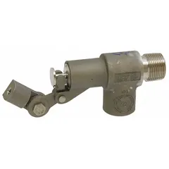 This float valve body is designed for automatic water level control in tanks and reservoirs. It features an angle body style with adjustable arm, 3/4" MNPT inlet and FNPT outlet, and mounts on horizontal piping. Flow rate is 37.5 gpm at 35 psi. Float and rod are not included.