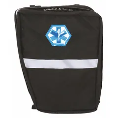 This medical pannier bag is constructed from black Cordura nylon and features a zipper closure. It is designed to hold an oxygen cylinder and mask, with four clear internal pockets for organizing supplies. Suitable for use in healthcare and emergency response settings for transporting oxygen therapy equipment.