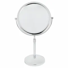 Non-lighted table-top makeup mirror with round glass and polished edge. Metal frame in chrome finish with silver frame color. Suitable for use on vanity tables, bathroom countertops, or dressing room surfaces.