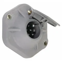 This 7-way socket is designed for connecting trailer lighting and auxiliary power systems in fleet and vehicle maintenance applications. It features No. 8 ring terminals and a 20 A circuit breaker with an adhesive-backed mounting gasket for secure installation.