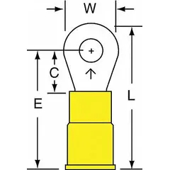 Vinyl-insulated ring terminal for #8 stud size, accepting 12 AWG to 10 AWG wire. Rated 1000 V. Used for secure electrical connections in control panels, machinery, and power distribution.