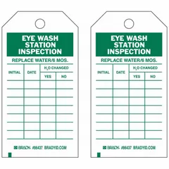 This tag is used for documenting weekly eyewash station inspections in industrial facilities. It provides a durable, weather-resistant surface for recording inspection dates and initials. Made of heavy-duty polyester with a matte finish, it is suitable for indoor and outdoor use. Supplied in a 10-pack.