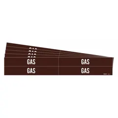 Adhesive pipe marker with brown background and white 'Gas' legend. Fits pipe outer diameters from 3/4 to 2-3/8 inches. Pack includes 4 markers without arrows. Used for identifying gas piping in industrial facilities.