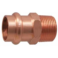This NIBCO Press System® straight adapter connects 2 in CTS copper tubing to 2 in male NPT threaded pipe. Made of copper or bronze, it is used in plumbing systems for potable water, hydronic heating, and industrial piping where a reliable press-fit joint is required