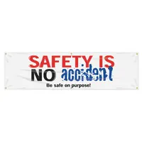 Indoor/outdoor banner made of poly sheeting with one printed side. Nominal sign size is 28 in x 96 in. Suitable for displaying safety messages in industrial facilities, warehouses, and construction sites